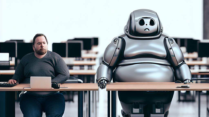 Un robot est assis à côté d'un travailleur dans un open space