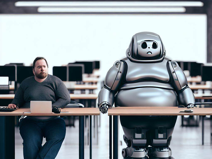 Un robot est assis à côté d'un travailleur dans un open space