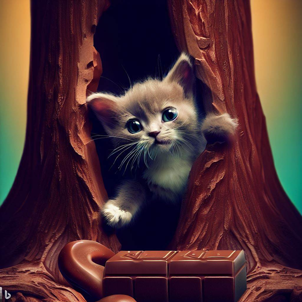 chat sortant d'un arbre en chocolat