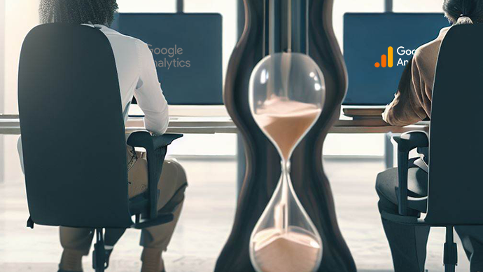 Deux personnes assises à leur bureau travaillant sur Google Analytics, avec un sablier géant.