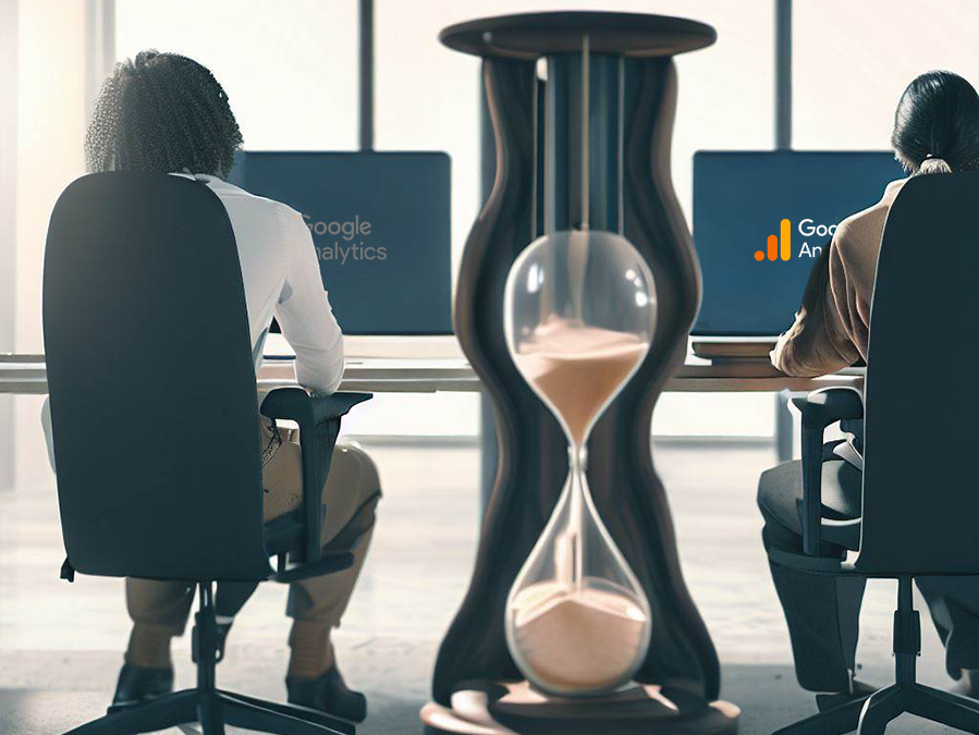 Deux personnes assises à leur bureau travaillant sur Google Analytics, avec un sablier géant.
