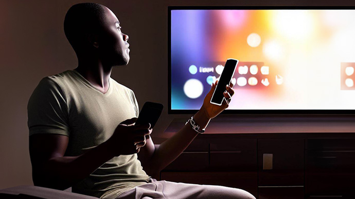 personne noire devant une télévision qui tient dans une main un smartphone et dans l'autre une télécommande