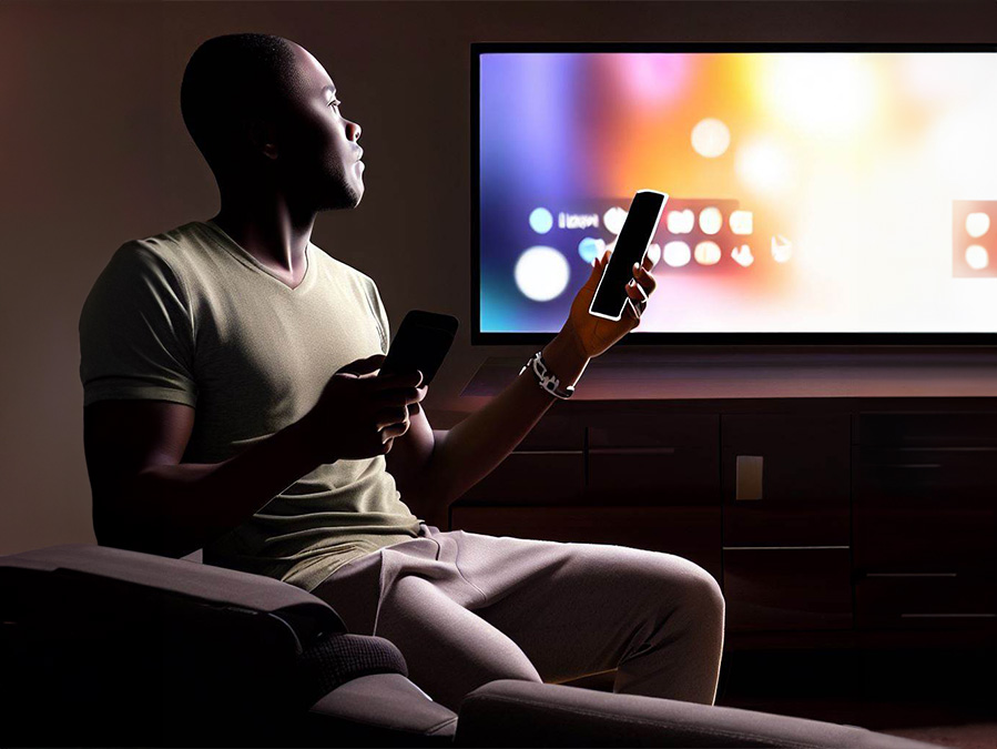 personne noire devant une télévision qui tient dans une main un smartphone et dans l'autre une télécommande