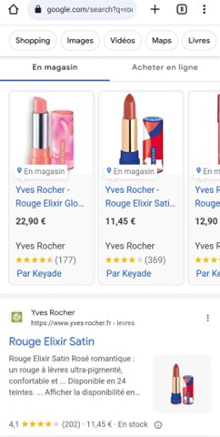 Badge en magasin sur la version mobile de la page de résultat de Google