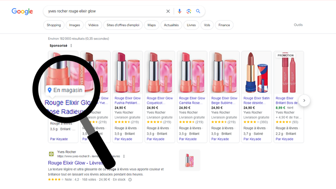 Mention "En magasin" sur la page de résultat de Google