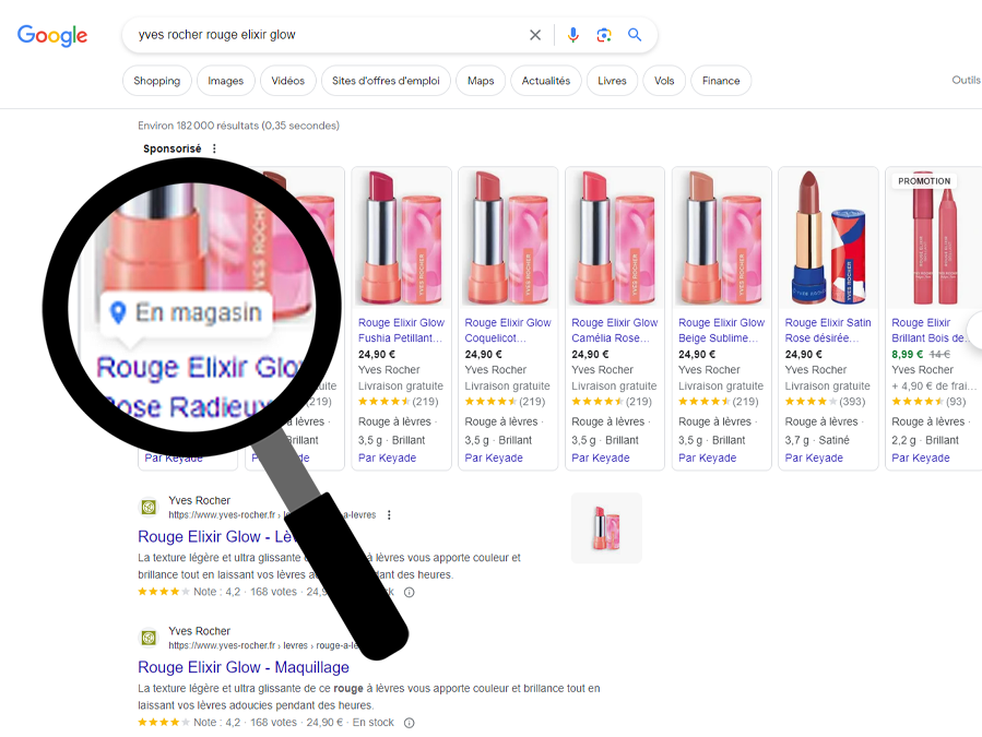 Mention "En magasin" sur la page de résultat de Google